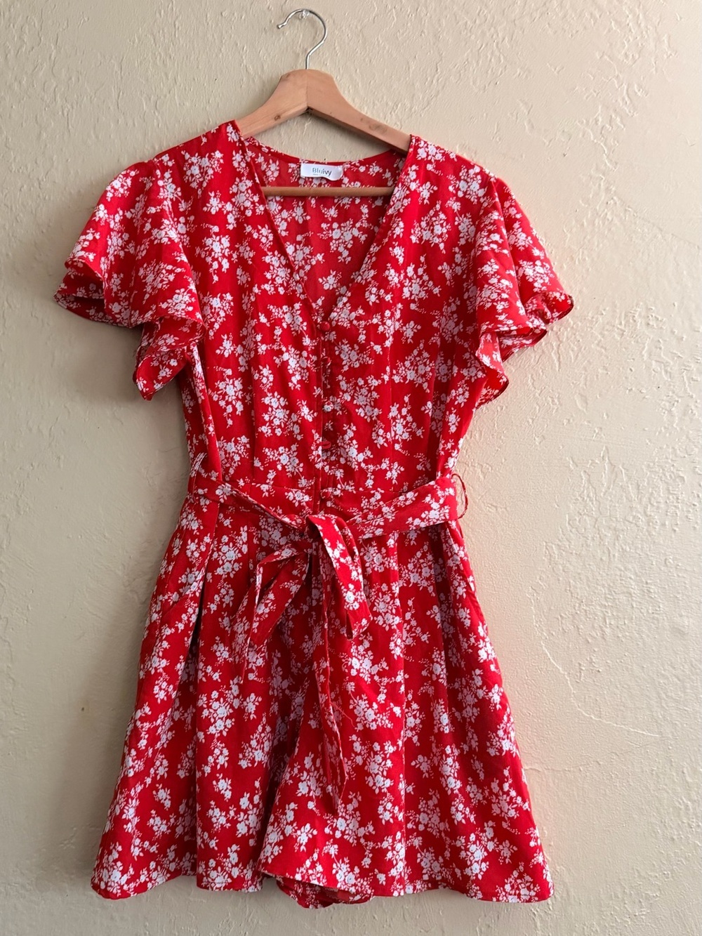 Bluivy Red Floral Short Sleeve Romper with Tie Waist